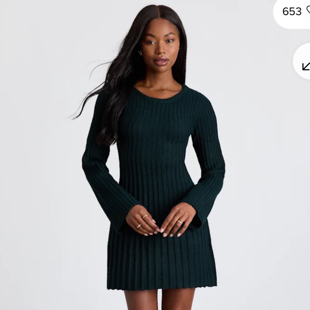 Lulus Convincing Poise Dark Green Ribbed Long Sleeve Skater Mini Dress - Size M
